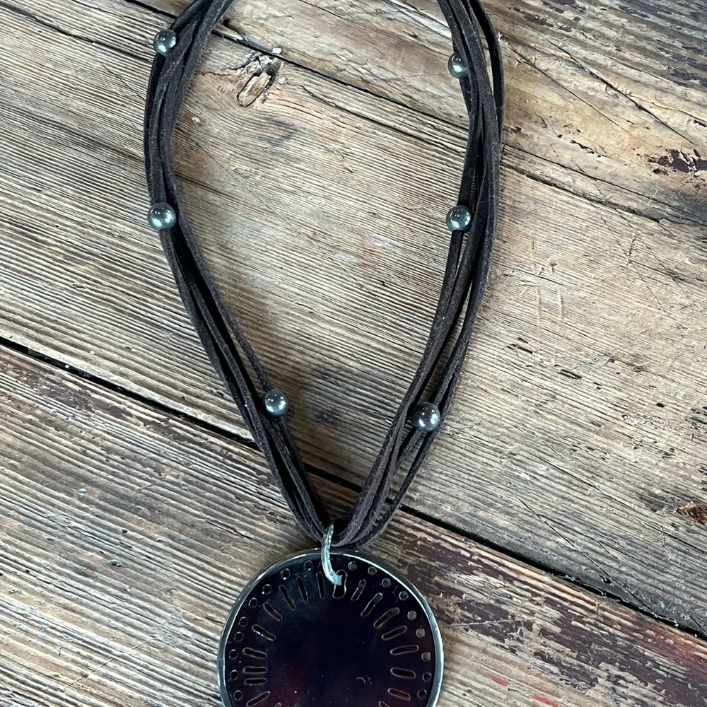 Silpada Boho Brown Multi-Strand Leather Necklace with Round Pendant